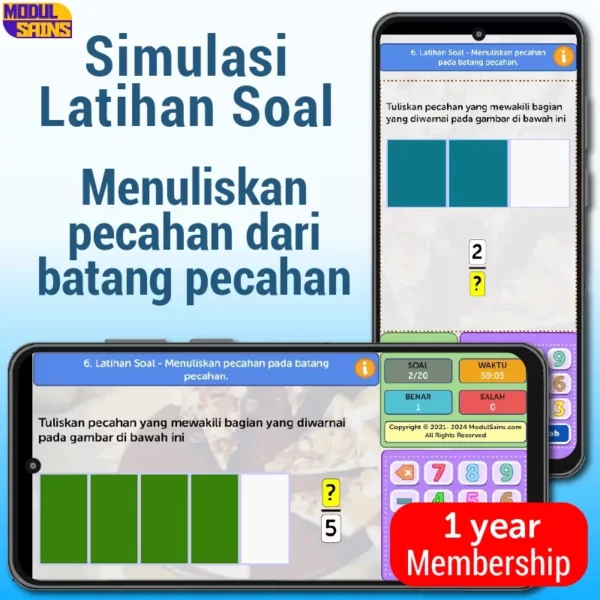 Latihan Soal-MP06–Menuliskan Pecahan–menggunakan bentuk kongrit model batang pecahan - membership  1 tahun